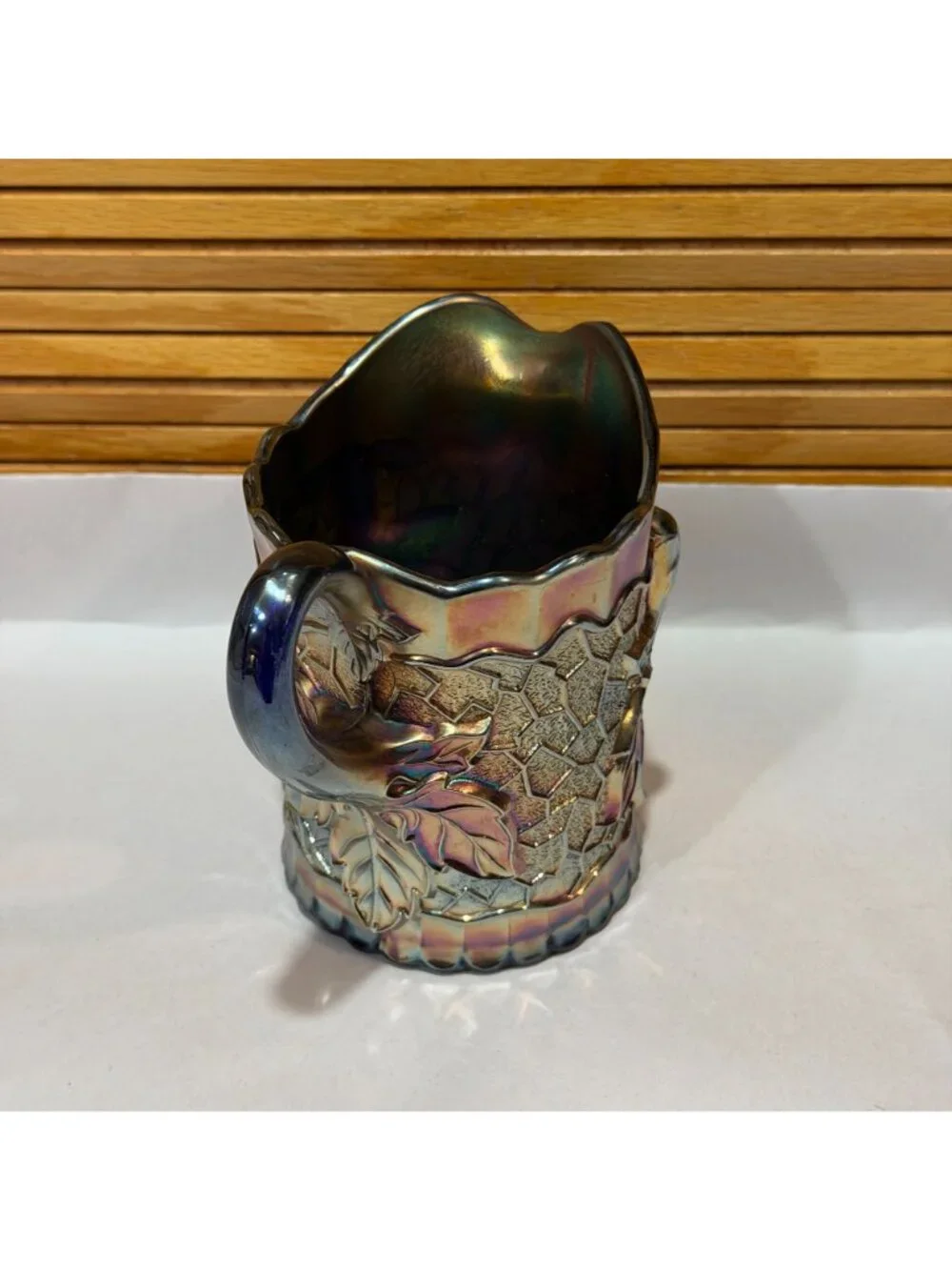 Vintage Dugan Carnival Glass Maple Leaf Iridescent Cobalt Blue Glass 4.5 Creamer